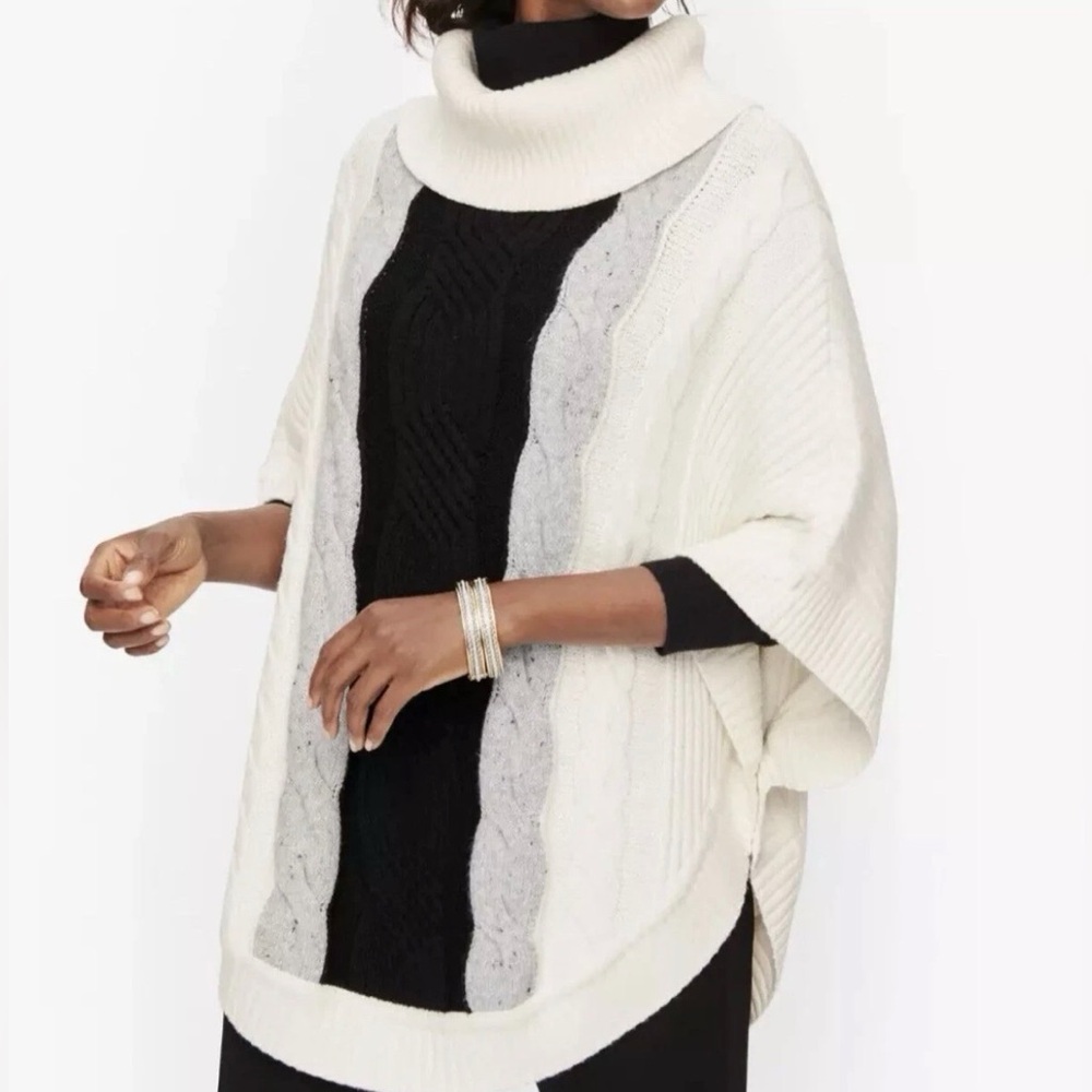 Talbots‎ Cable Knit Poncho Ivory Colorblock Cowl Neck Sweater Large EUC